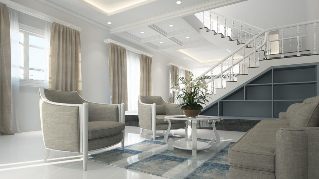 Beautiful living room Beautiful interior with furniture, large windows, and custom trim. Use lighting and shade control for your home
