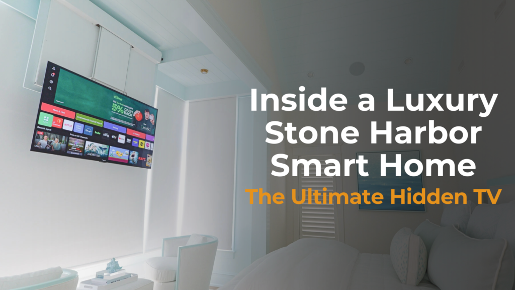 Blog Title banner reading: "Inside a Luxury Stone Harbor Smart Home: The Ultimate Hidden TV." The background shows a Motorized drop-down ceiling TV stowed flush within the shiplap alcove ceiling of a Stone Harbor, NJ primary bedroom, installed by Cooltronics